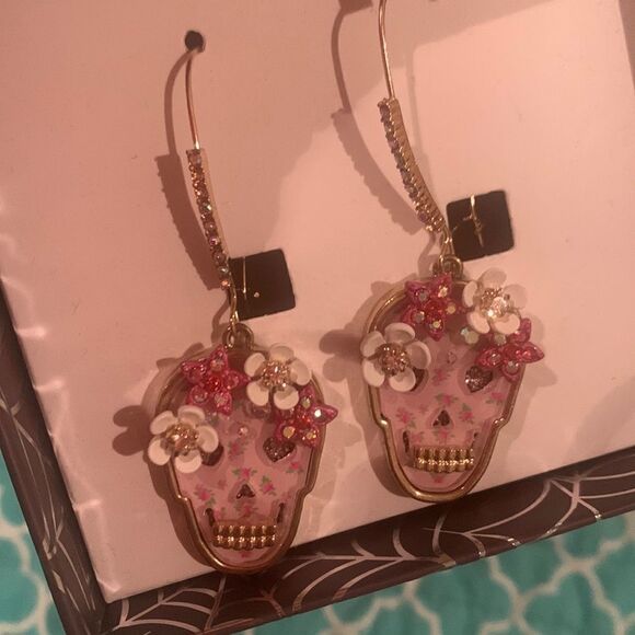Betsey Johnson Sugar Skull Jeweled Pierced Earrings - Picture 3 of 7